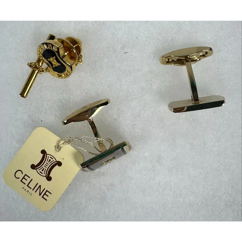 Vintage Celine Paris Gold Tone Cufflinks & Tie Tack Set France